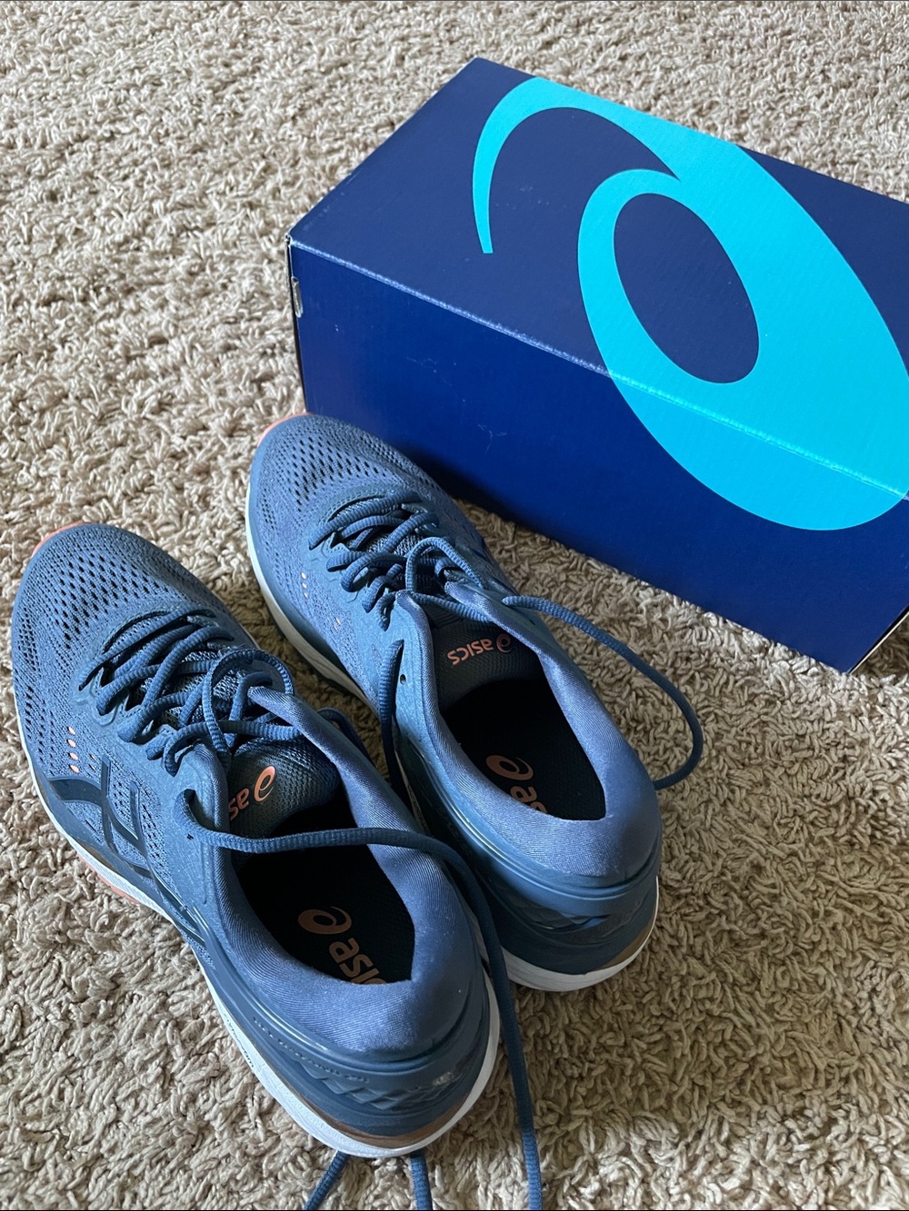 Asics Smoke Blue Gel Kayano 24 Athletic Running Shoes with Cantaloupe Accents